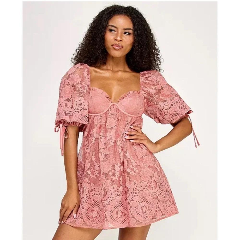 Seni & Cade Mini Dress Womens Pink Floral Lace Puff Sleeve Cut Out S NWTO